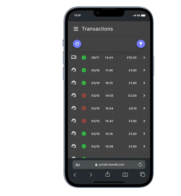 Monek mobile app showing live UK card transactions